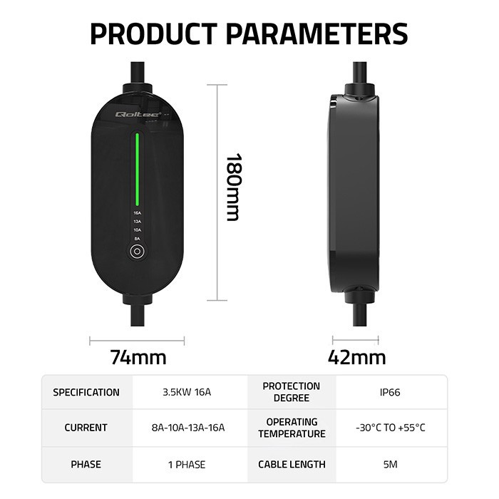 Qoltec polnilnik EV 2v1 | 3.5kW | 230V | LCD | LED | 5m 6