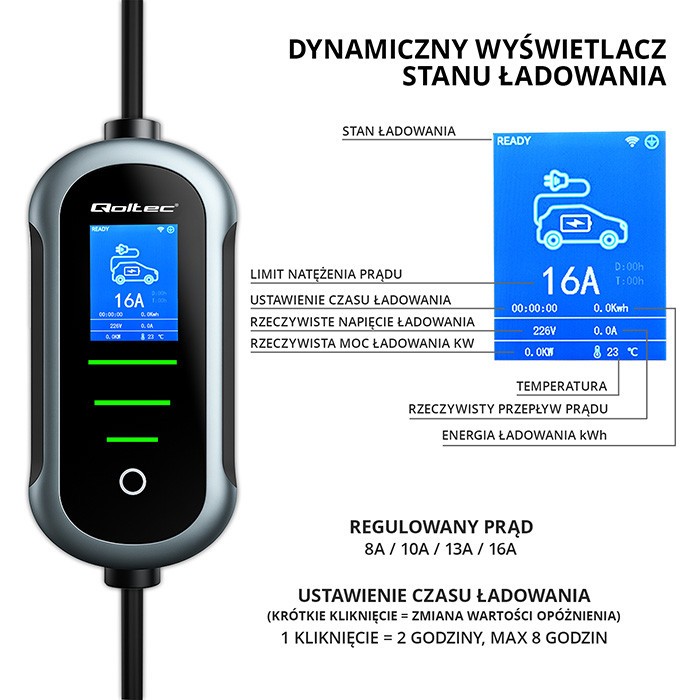 Mobilni polnilnik EV Tip 2, 3.5kW, 230V, Wi-Fi, LCD, 5m 3