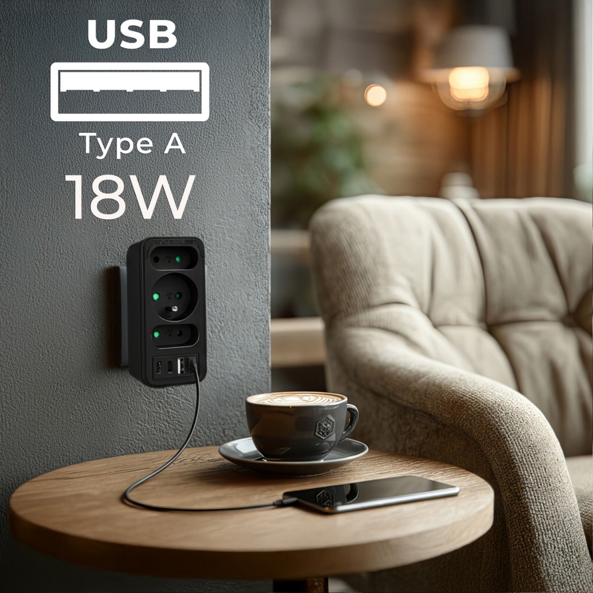 Razdelilec za 3 vtičnice MCE248 F/B z 2xUSB-A in 2xUSB-C, črn 2