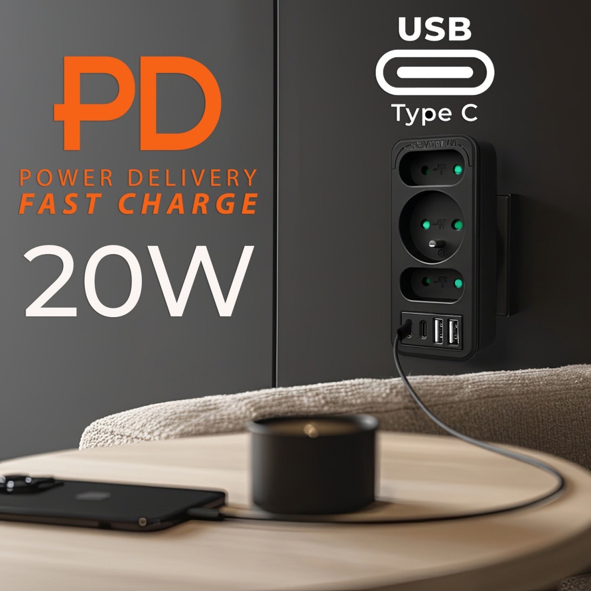 Razdelilec za 3 vtičnice MCE248 F/B z 2xUSB-A in 2xUSB-C, črn 3