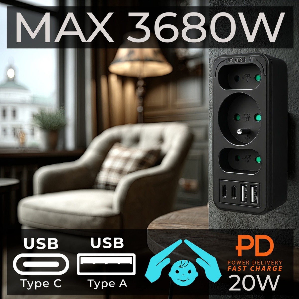 Razdelilec za 3 vtičnice MCE248 F/B z 2xUSB-A in 2xUSB-C, črn 5