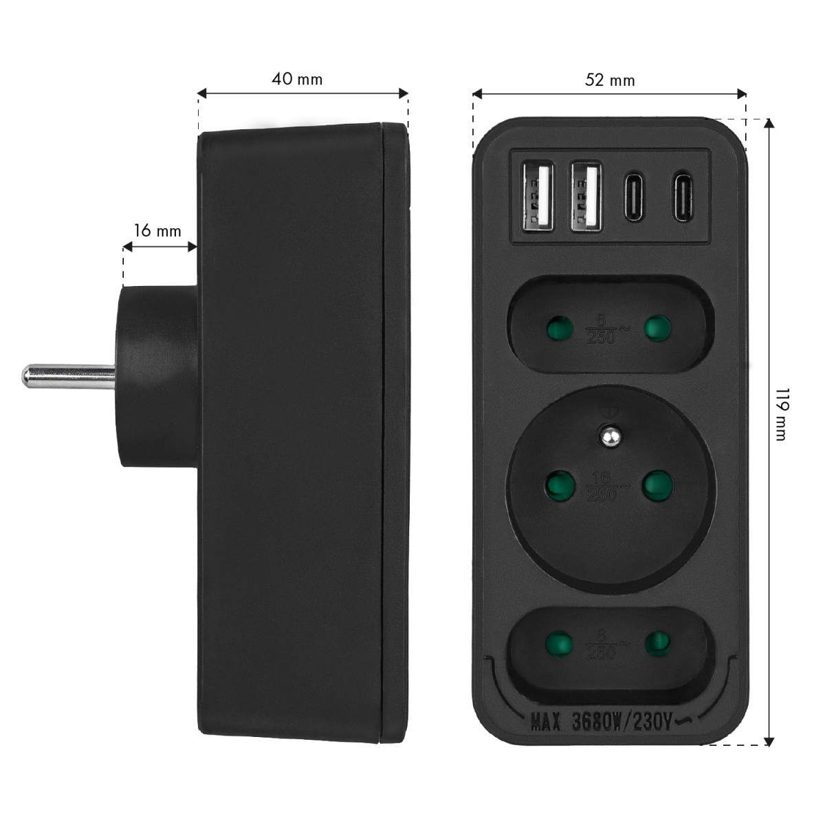 Razdelilec za 3 vtičnice MCE248 F/B z 2xUSB-A in 2xUSB-C, črn 7