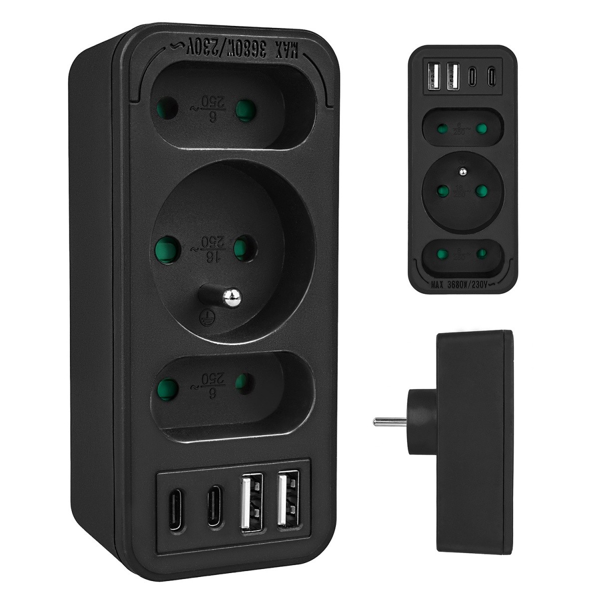 Razdelilec za 3 vtičnice MCE248 F/B z 2xUSB-A in 2xUSB-C, črn