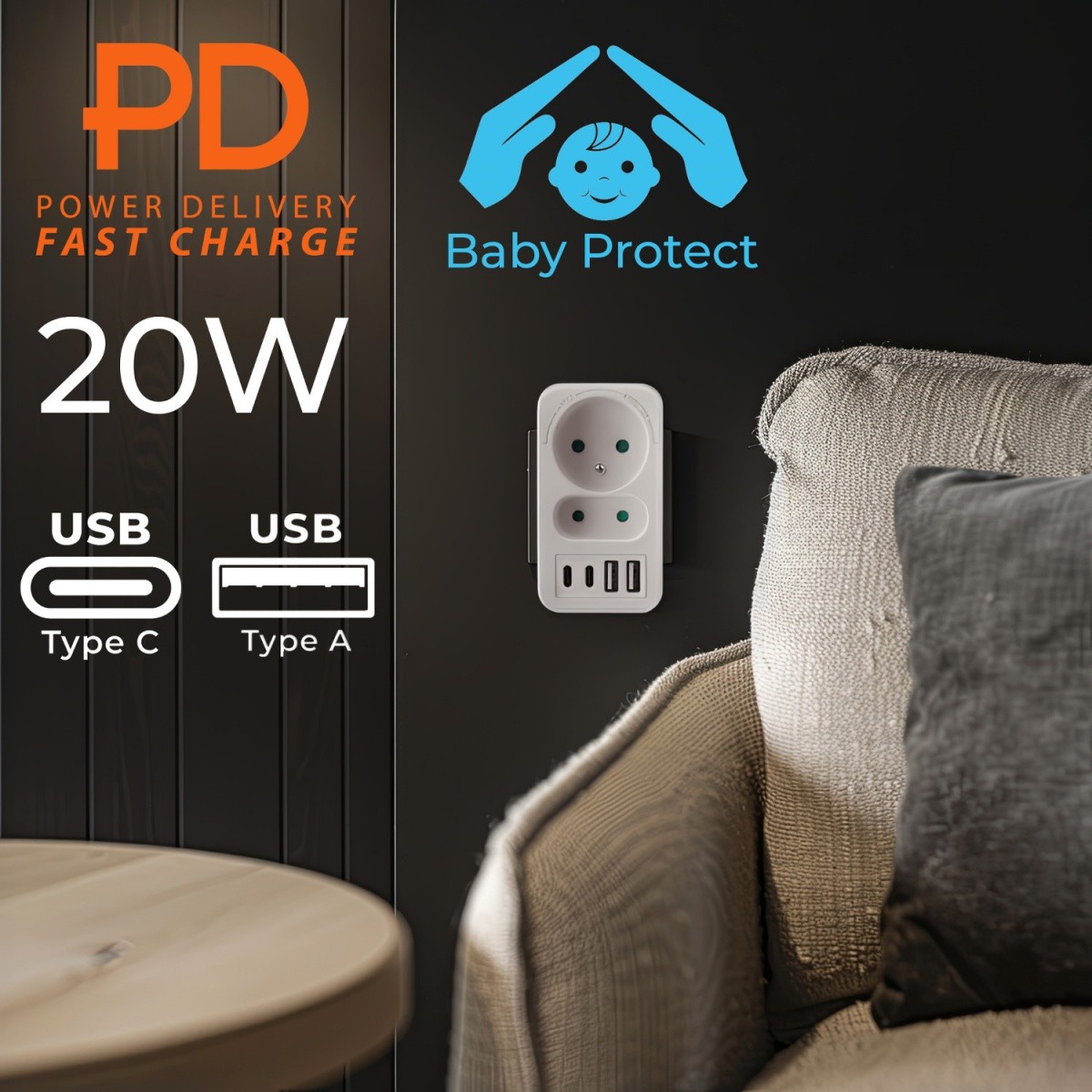 Razdelilec za 2 vtičnici MCE249 F/W z 2xUSB-A in 2xUSB-C, bel 2