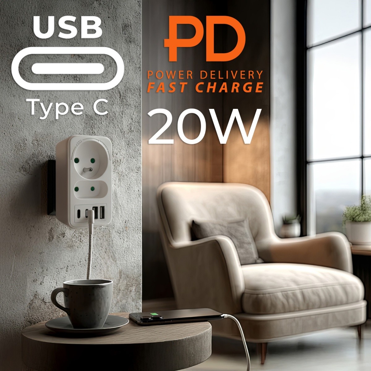 Razdelilec za 2 vtičnici MCE249 F/W z 2xUSB-A in 2xUSB-C, bel 6