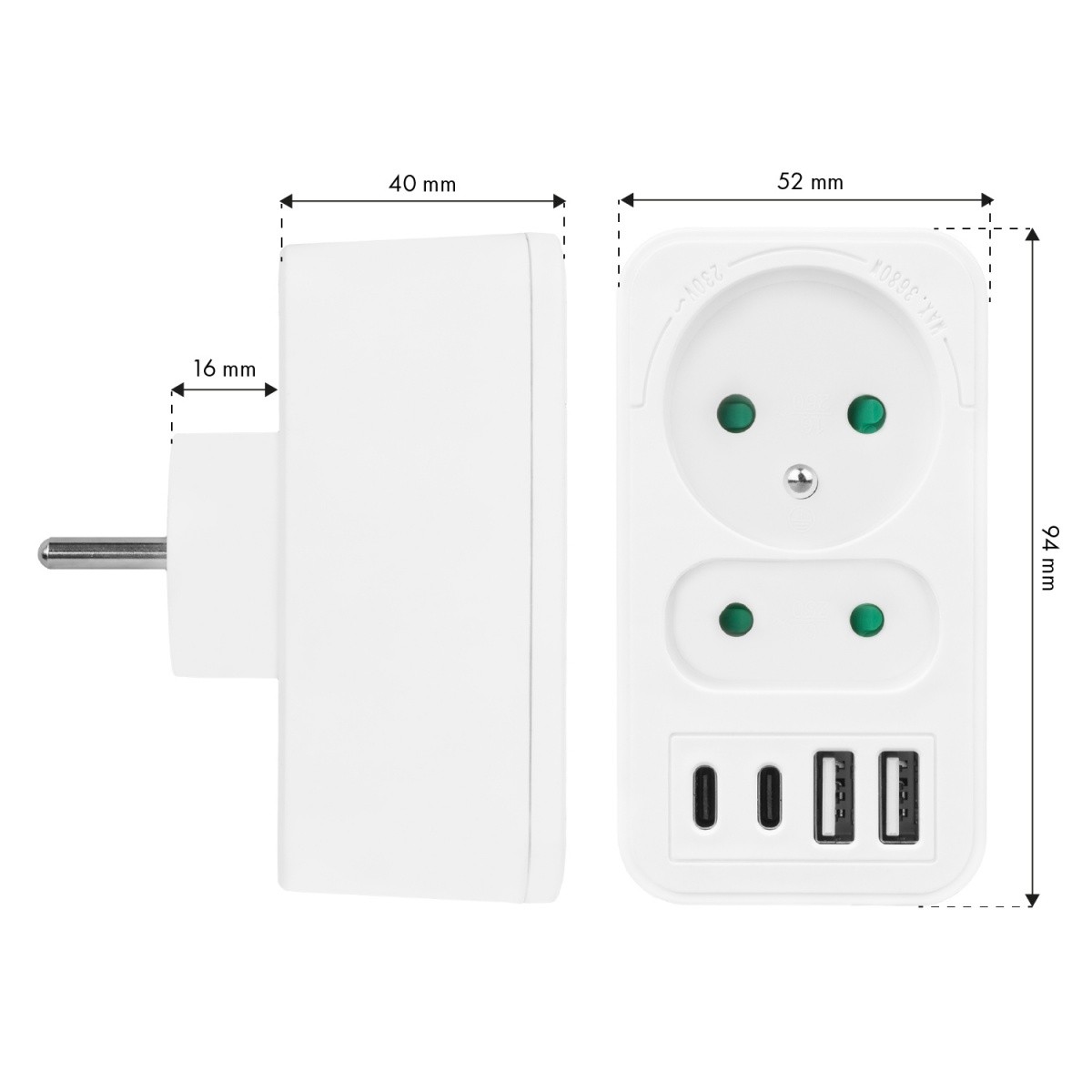 Razdelilec za 2 vtičnici MCE249 F/W z 2xUSB-A in 2xUSB-C, bel 7