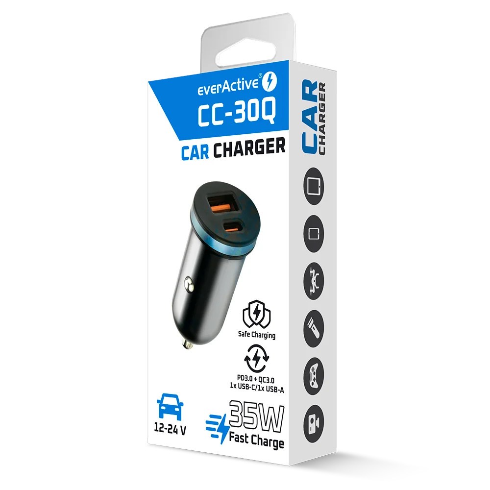 everActive avtomobilski polnilnik QC3.0, 35W, 1x USB + 1x USB-C, črn 7