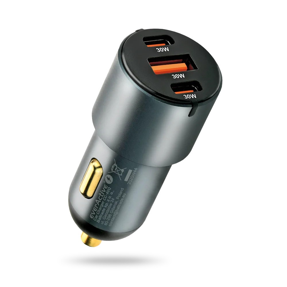 Avto polnilnik everActive CC-40Q, QC3.0, 60W, 1x USB, 2x USB-C PD, črn