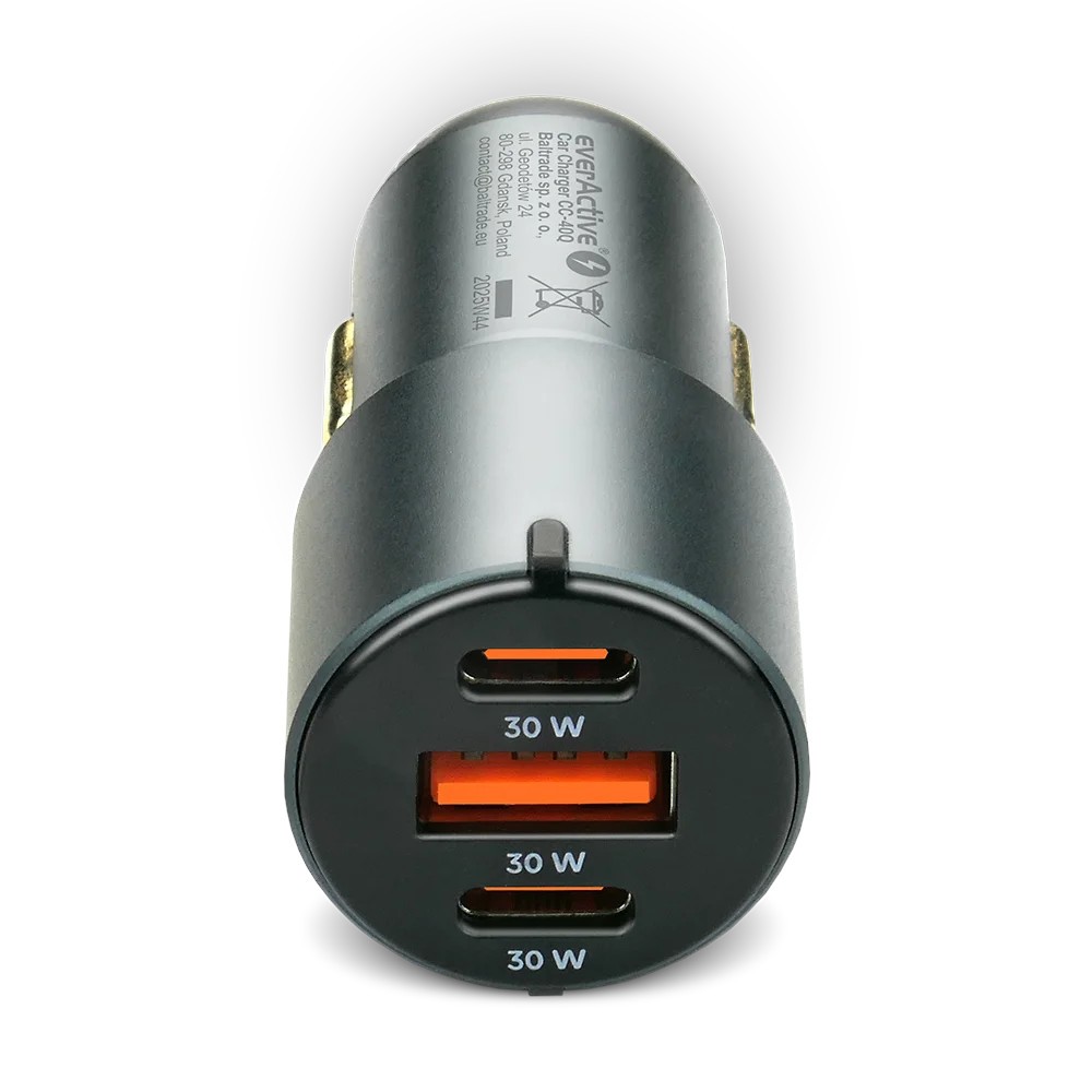 Avto polnilnik everActive CC-40Q, QC3.0, 60W, 1x USB, 2x USB-C PD, črn 3