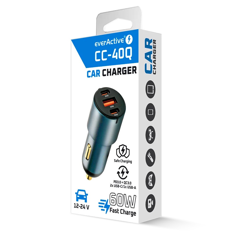 Avto polnilnik everActive CC-40Q, QC3.0, 60W, 1x USB, 2x USB-C PD, črn 7