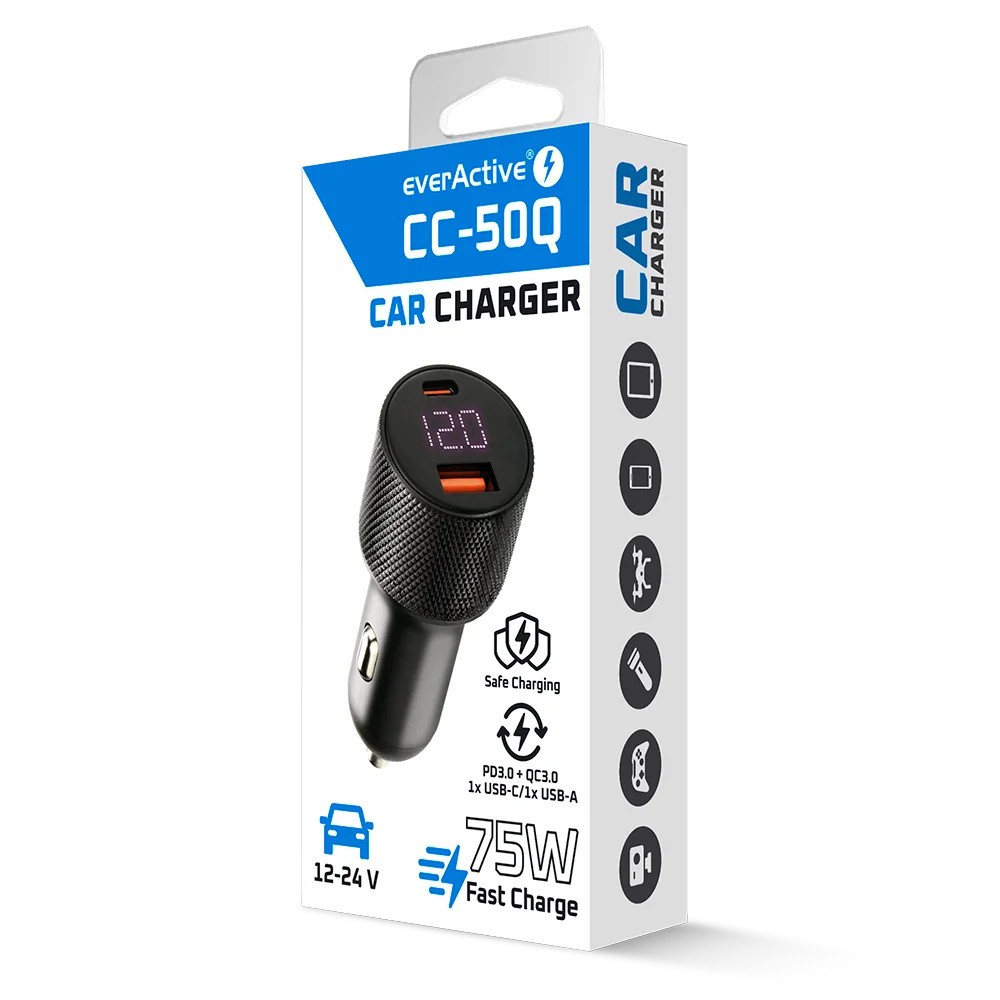 Avtomobilski polnilnik CC-50Q, 75W, Quick Charge 3.0, USB + USB-C PD, črn 7