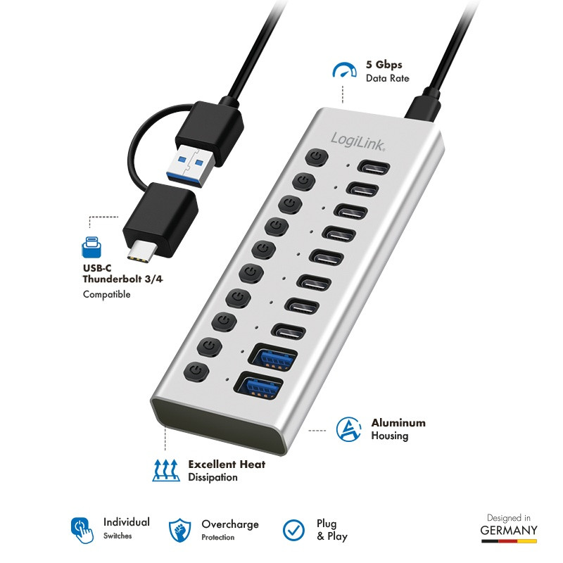 USB Hub 10-portov, USB-A/C, stikalo 2