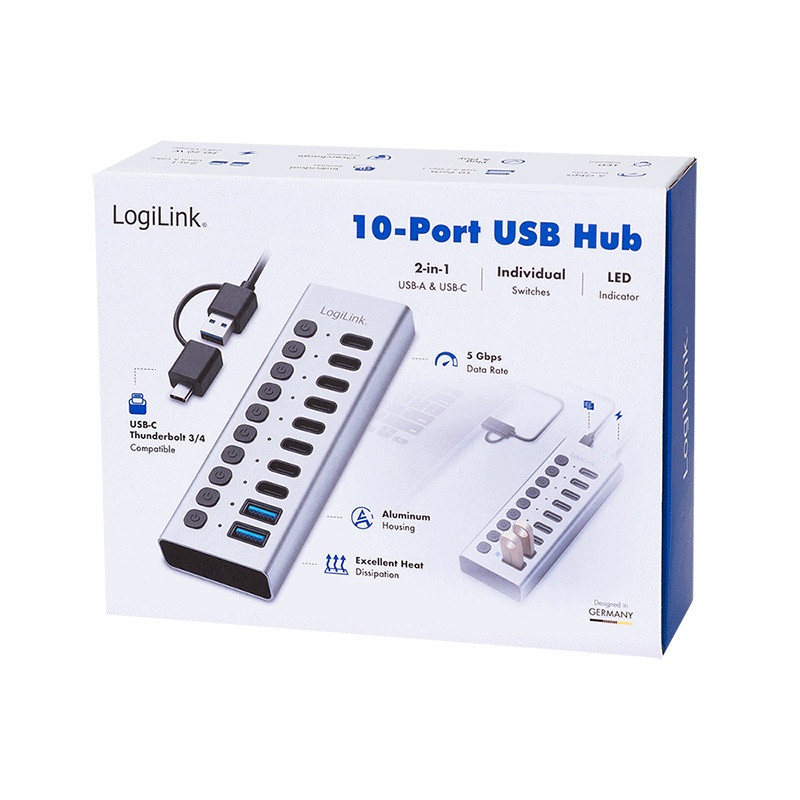 USB Hub 10-portov, USB-A/C, stikalo 6