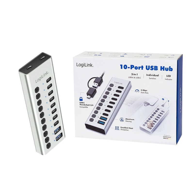 USB Hub 10-portov, USB-A/C, stikalo 7