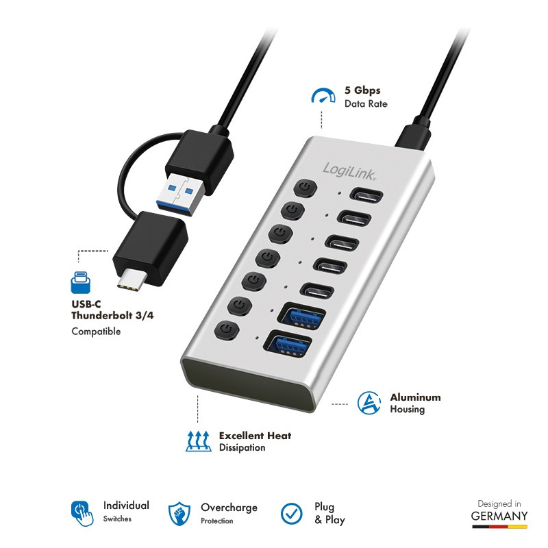 USB Hub 7-portni, USB-A/C, stikalo 3