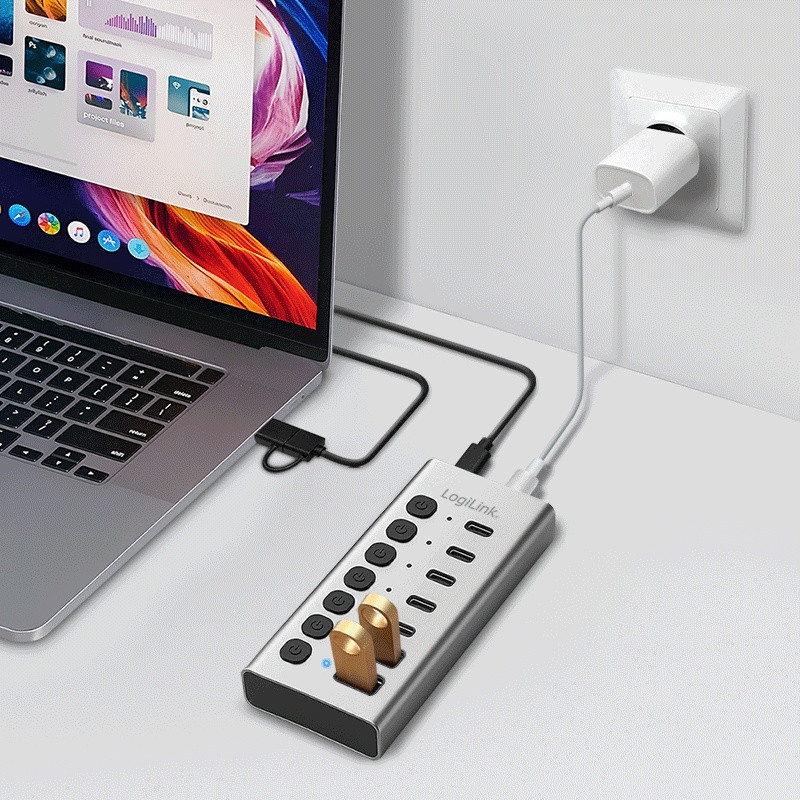 USB Hub 7-portni, USB-A/C, stikalo 5