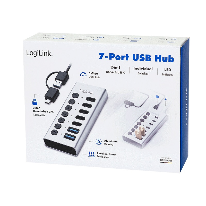 USB Hub 7-portni, USB-A/C, stikalo 7