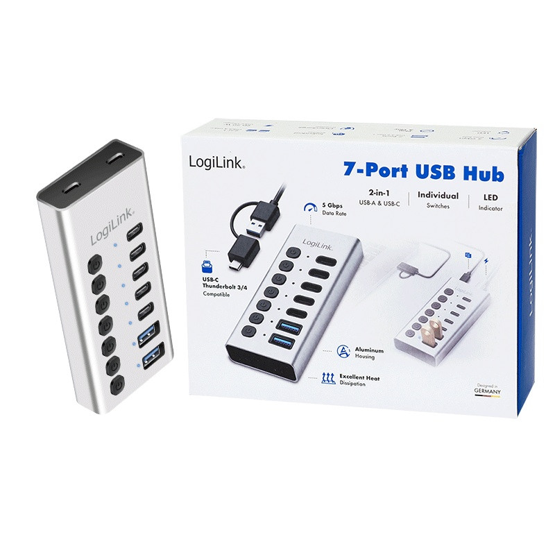 USB Hub 7-portni, USB-A/C, stikalo 8