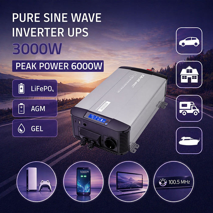 Qoltec pretvornik napetosti Pure Sine Wave 12V na 230V (3000/6000W) z UPS Bypass 2