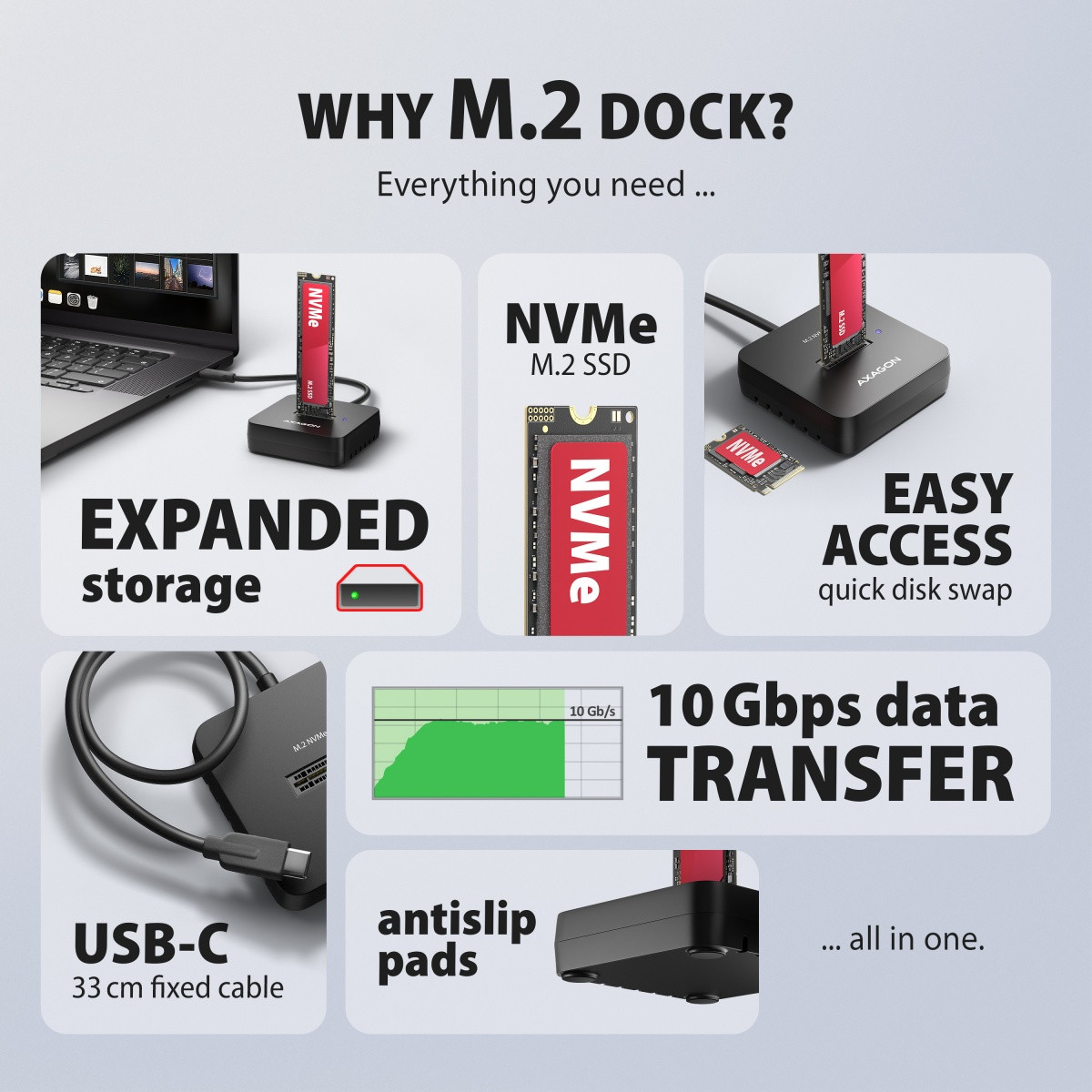 AXAGON ADSA-M2C11L ohišje za NVMe M.2 SSD, USB-C 3.2 Gen 2, 10Gbps 3