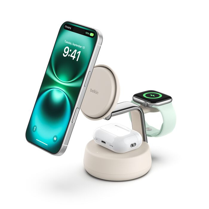 Belkin Qi2 3v1 brezžični polnilnik 25W, peščeno bež 2