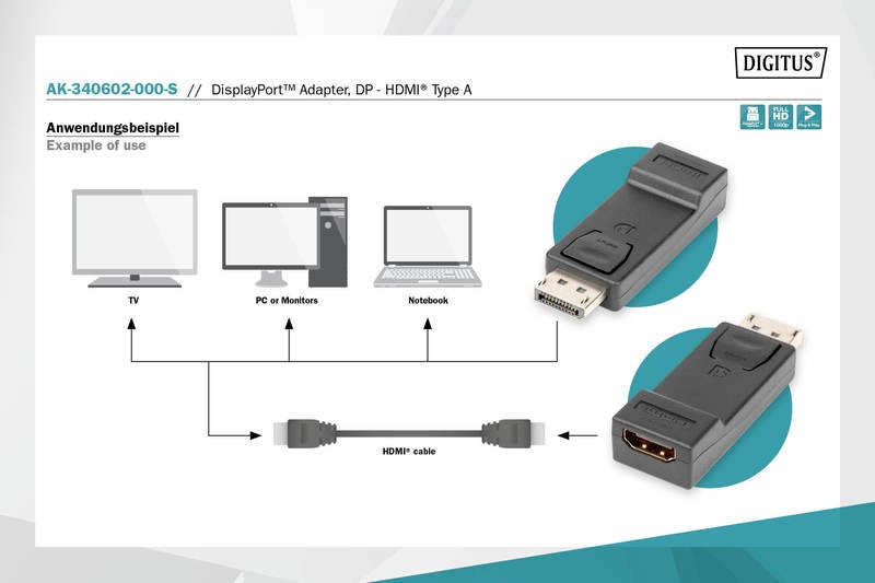 Adapter Displayport na HDMI, Full HD 1080p pri 60Hz, črn 6
