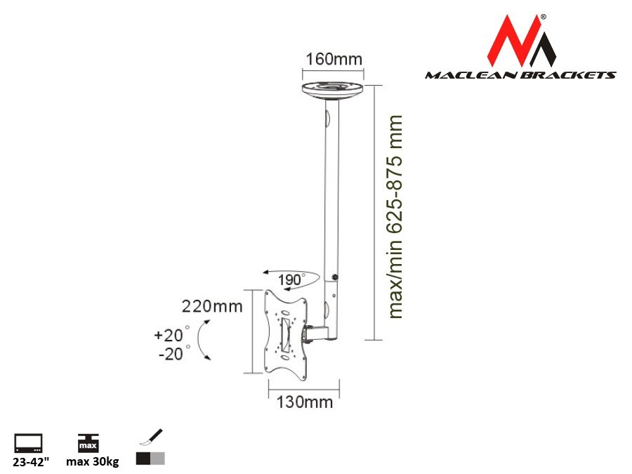Stropni nosilec za TV 23"-42", 30kg, črn 2