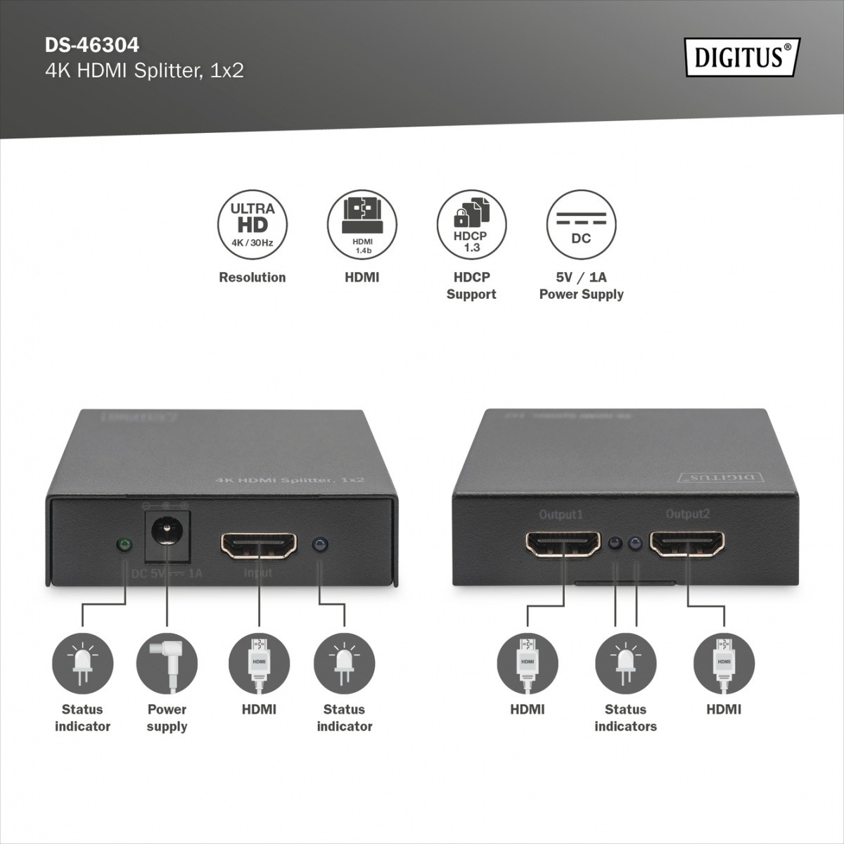 Digitus HDMI razdelilnik, 2-portni, 4K 4