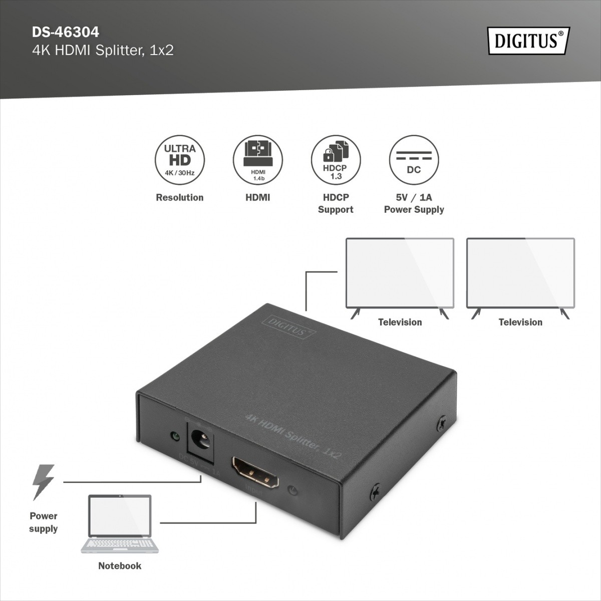 Digitus HDMI razdelilnik, 2-portni, 4K 5