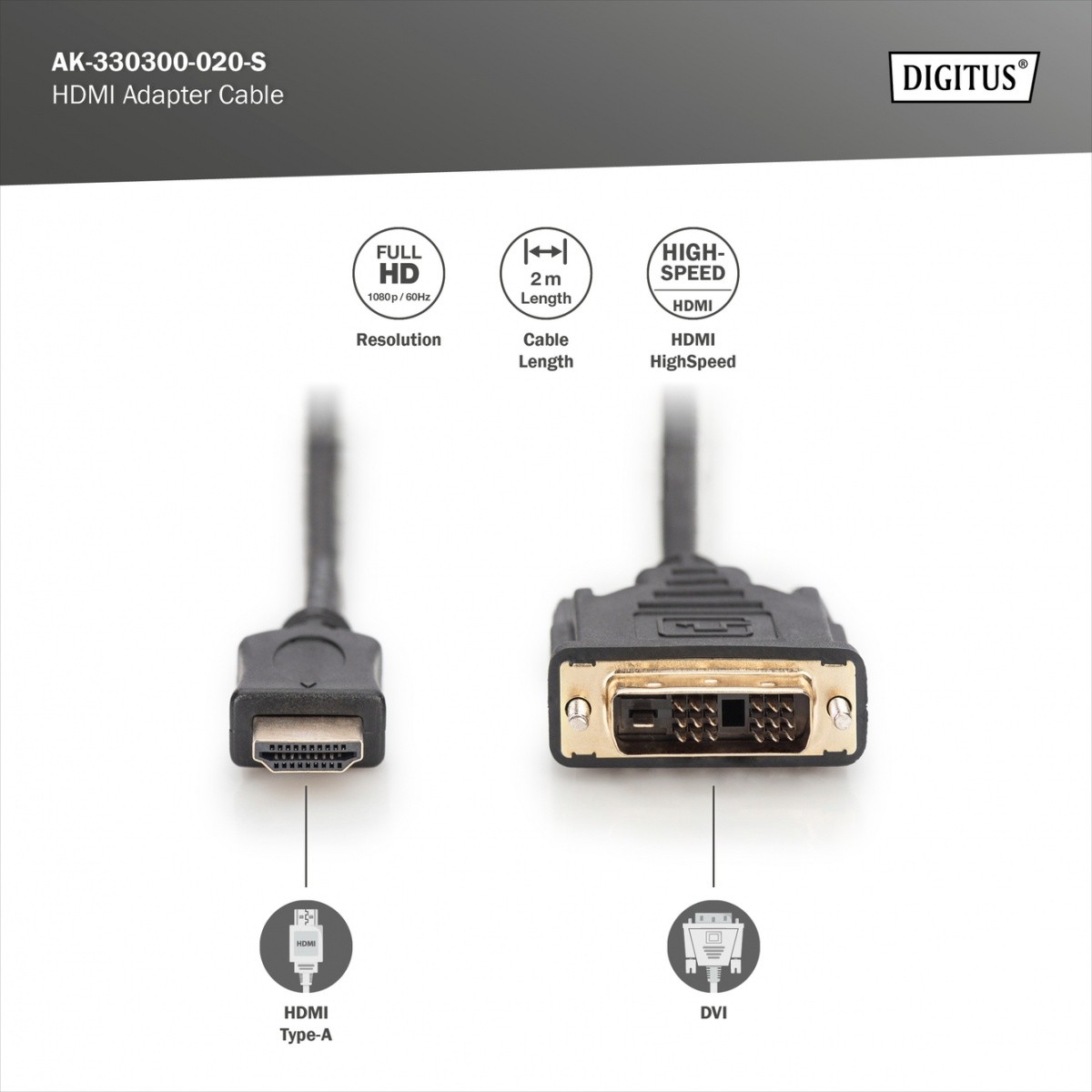 Napajalni kabel HDMI A/DVI-D M/M 2m, črn 3