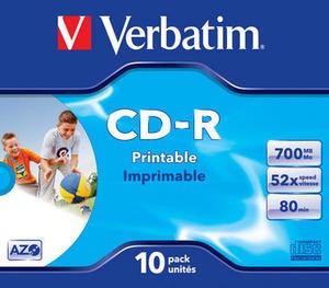 Verbatim CD-R 52x, 700MB, 10 kosov, Printable Azo