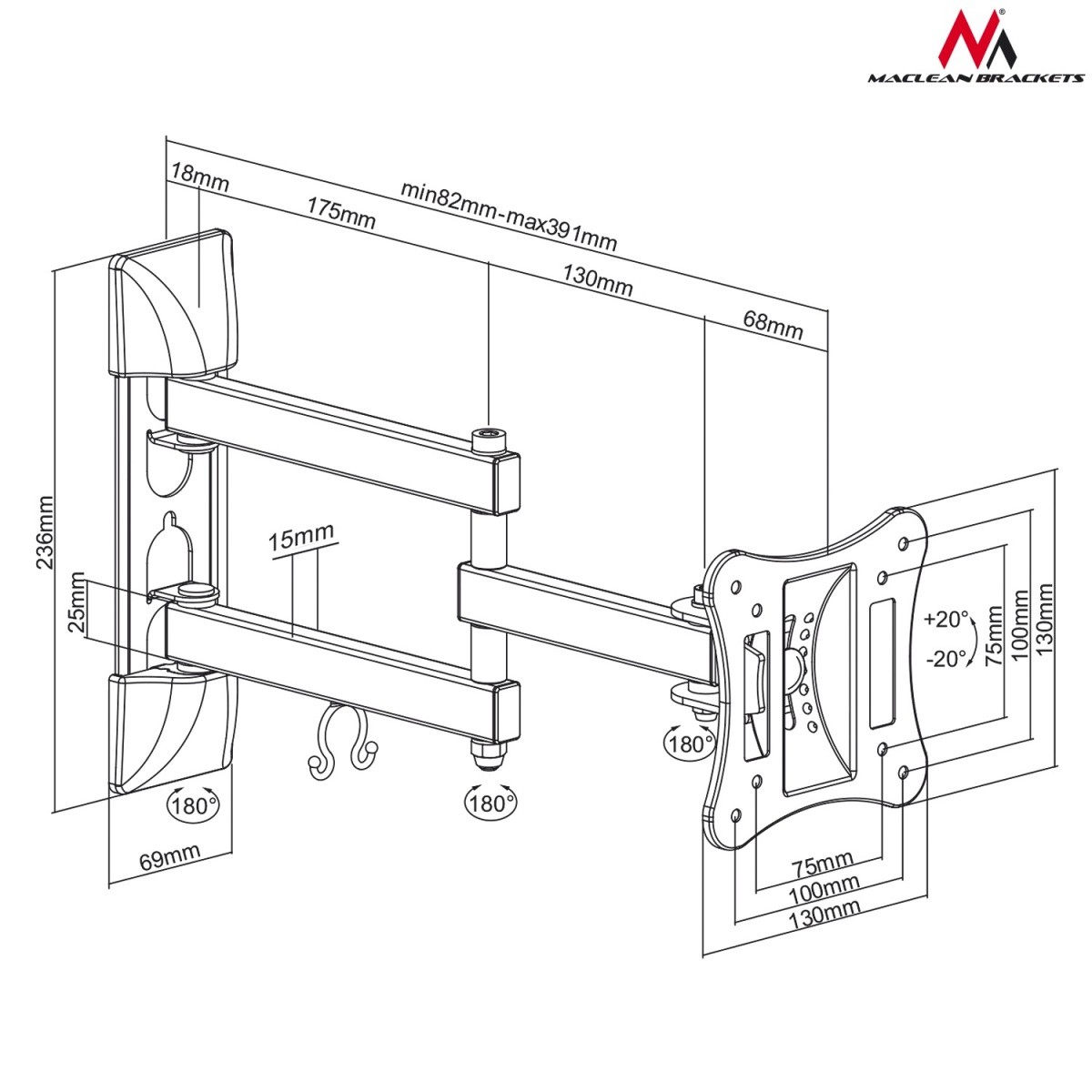 Stenski Nosilec za TV/Monitor 13-27", 15 kg, VESA MC-719 Črn 7