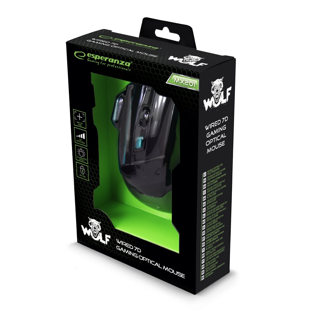 Žična miška za igralce MX201 WOLF, USB, optična, modra 4