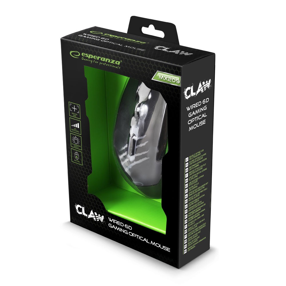 Žična miška za igralce MX209 CLAW, USB, optična, zelena 4