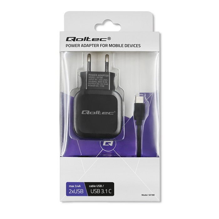 Polnilnik 17W, 5V, 3.4A, 2xUSB + USB-C kabel 2