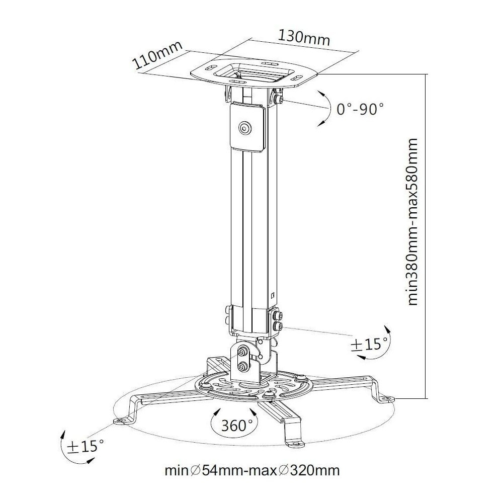 Stropno VESA stojalo za projektor 38-58cm, 13,5kg, srebrno 2