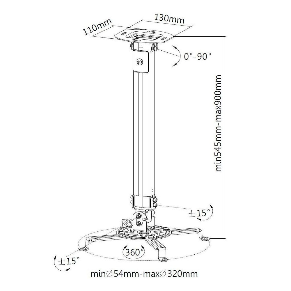 Stropno VESA stojalo za projektor 55-90cm, 13,5kg, srebrno 2