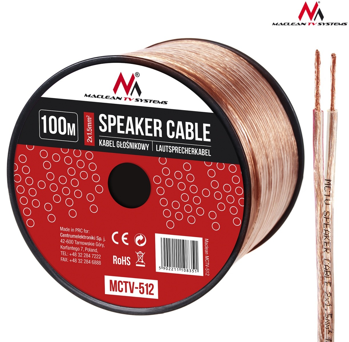 Zvočniški kabel Maclean MCTV-512, 2x1.5mm², 100m 2