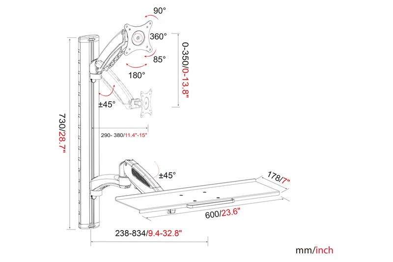 Enoročni stenski nosilec za monitor + tipkovnico, max. 27", 8kg 8