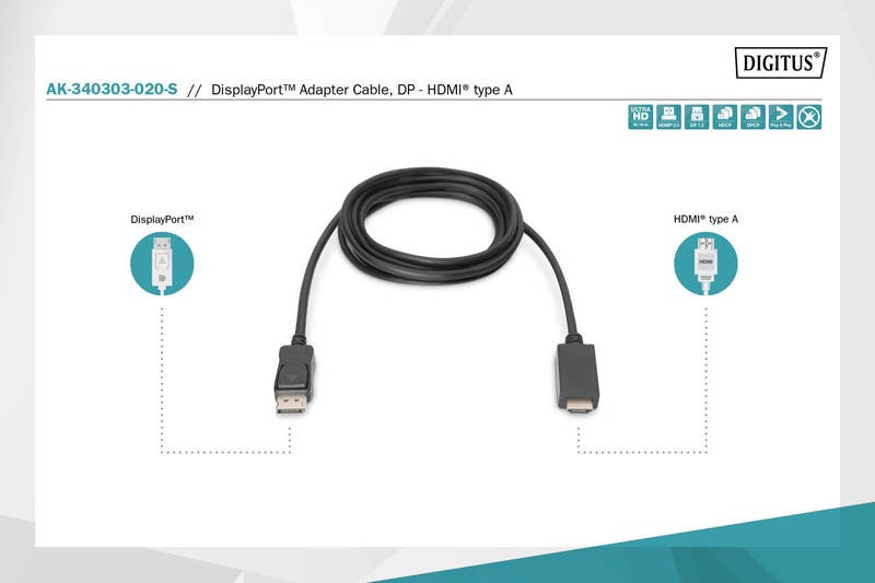 Adapter kabel DisplayPort 1.2 na HDMI, 4K 60Hz, 2m, črn 3