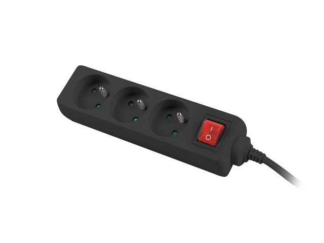 Razdelilna letev 1.5m, črna, 3 vtičnice, stikalo, bakreni kabel