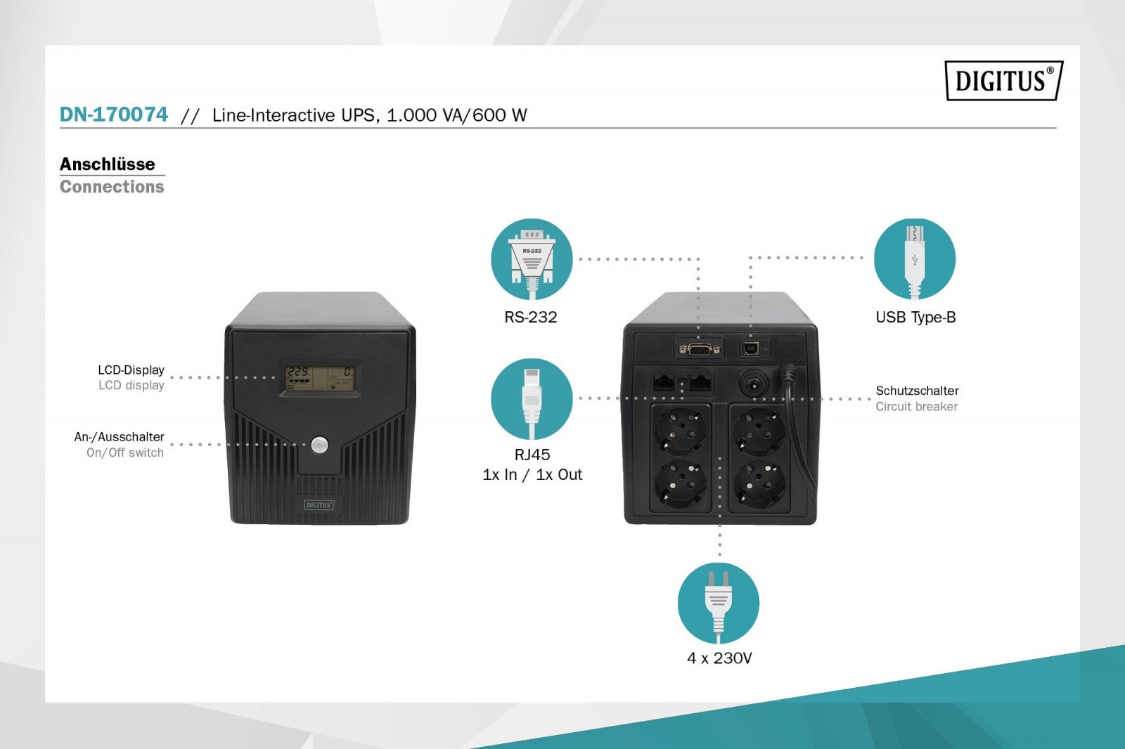 UPS napajalnik Line-Interactive LCD 1000VA/600W 5