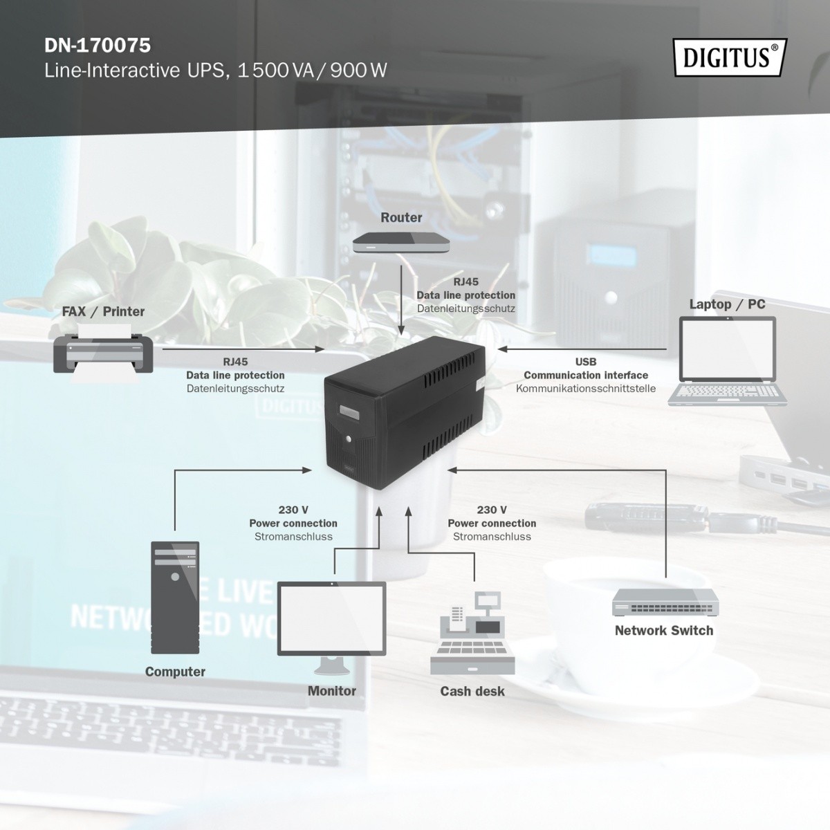 UPS napajalnik Line-Interactive LCD 1500VA/900W 7