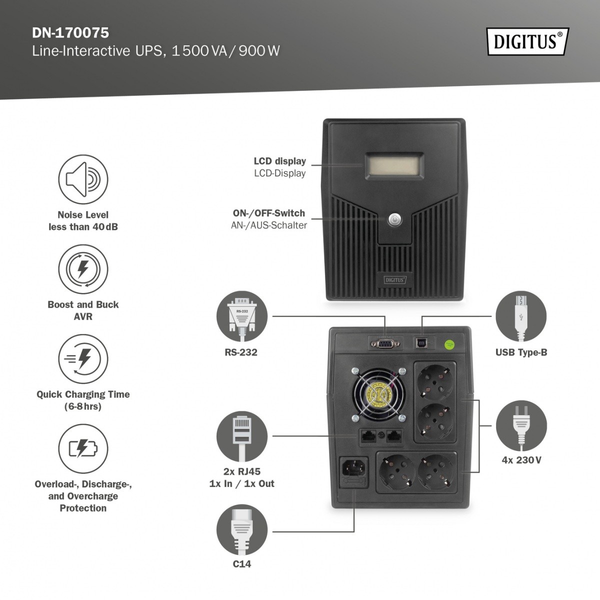 UPS napajalnik Line-Interactive LCD 1500VA/900W 8