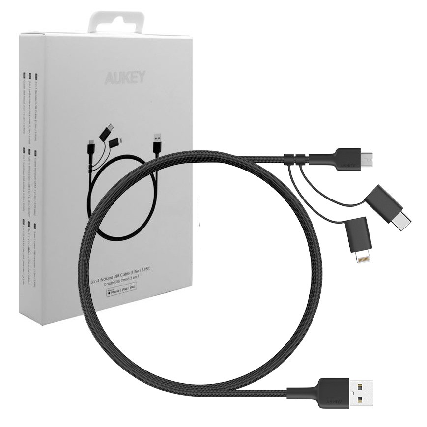 Večnamenski USB kabel z Micro USB, USB-C in Lightning konektorji, 1.2m, črn