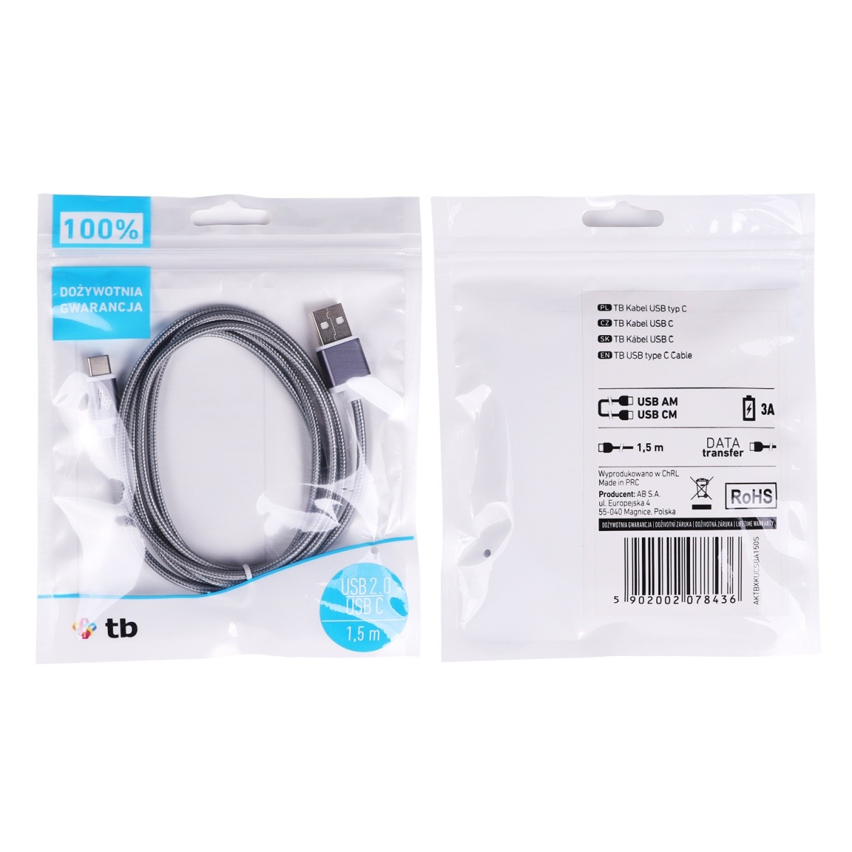 USB-C kabel, 1.5m, siv, pleten 2