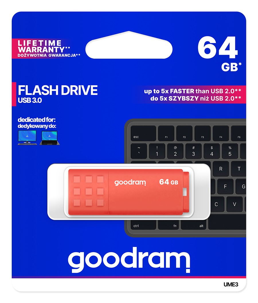 GOODRAM UME3 USB 3.0 pendrive, 64GB, oranžna