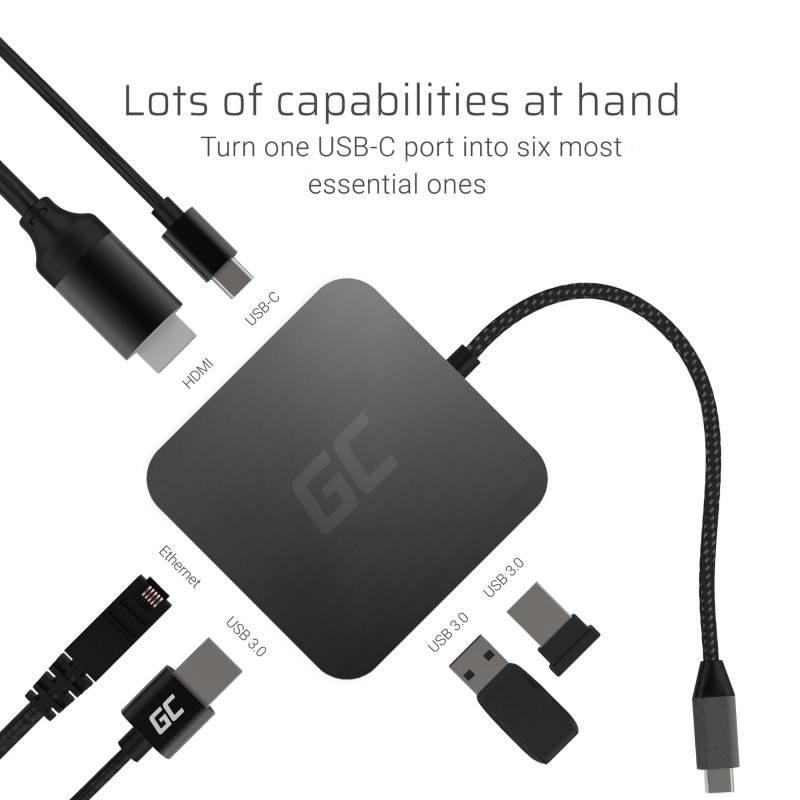 USB-C Hub GC 6v1: 3x USB 3.0, HDMI, RJ45 (Ethernet), USB-C PD 2