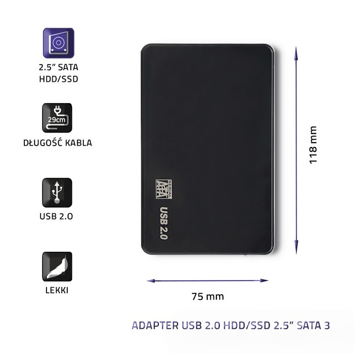 Ohišje za 2.5" SATA HDD/SSD, USB 2.0, črno 3