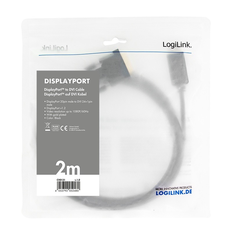 Kabel DisplayPort 1.2 na DVI, 2m, črn 3